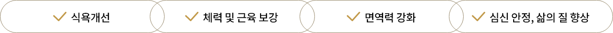 식욕개선, 체력 및 근육 보강, 면역력 강화, 심신 안정, 삶의 질 향상